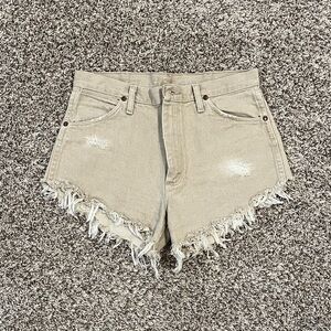 Frayed Hem Tan Denim Wrangler Shorts